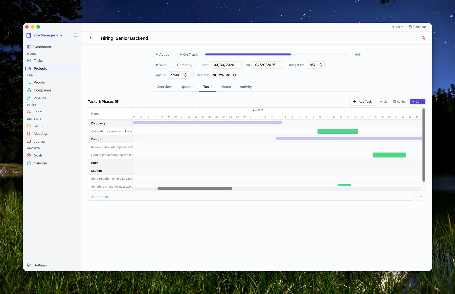 Project tasks — Gantt chart view