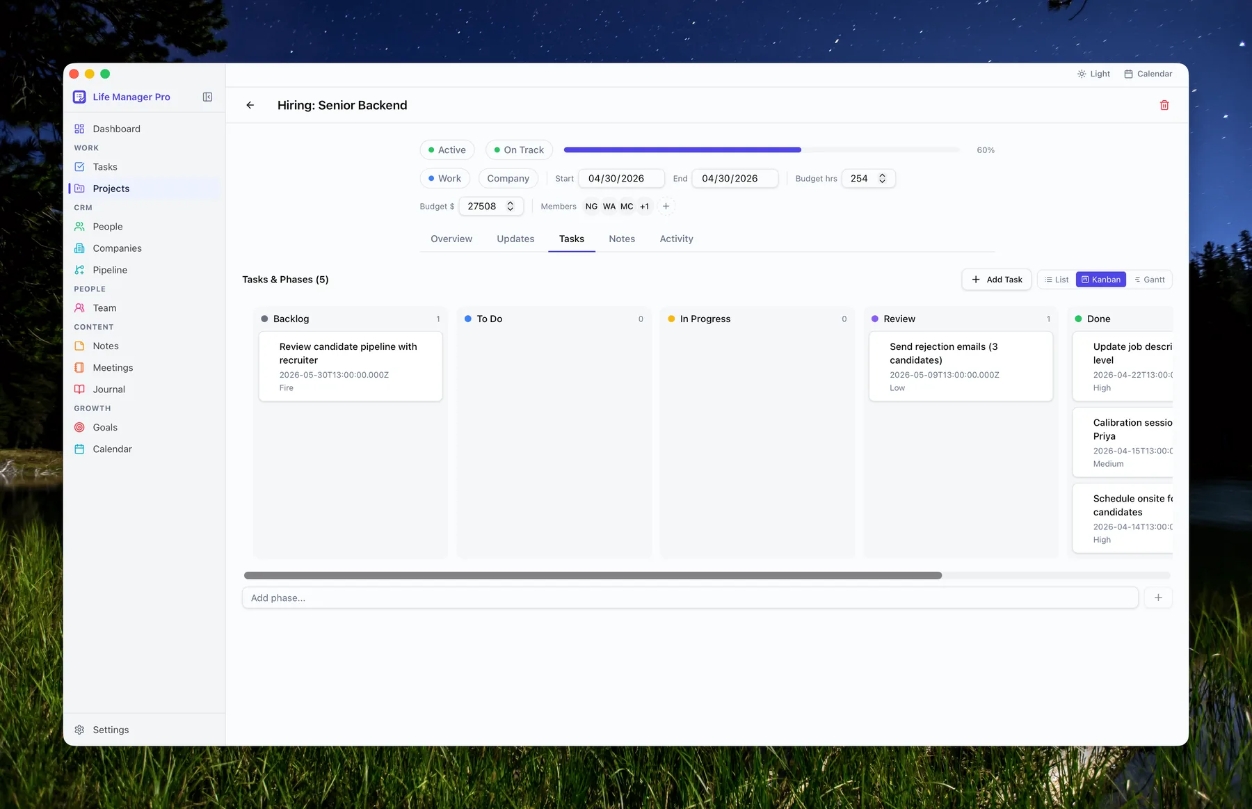 Project tasks — kanban view