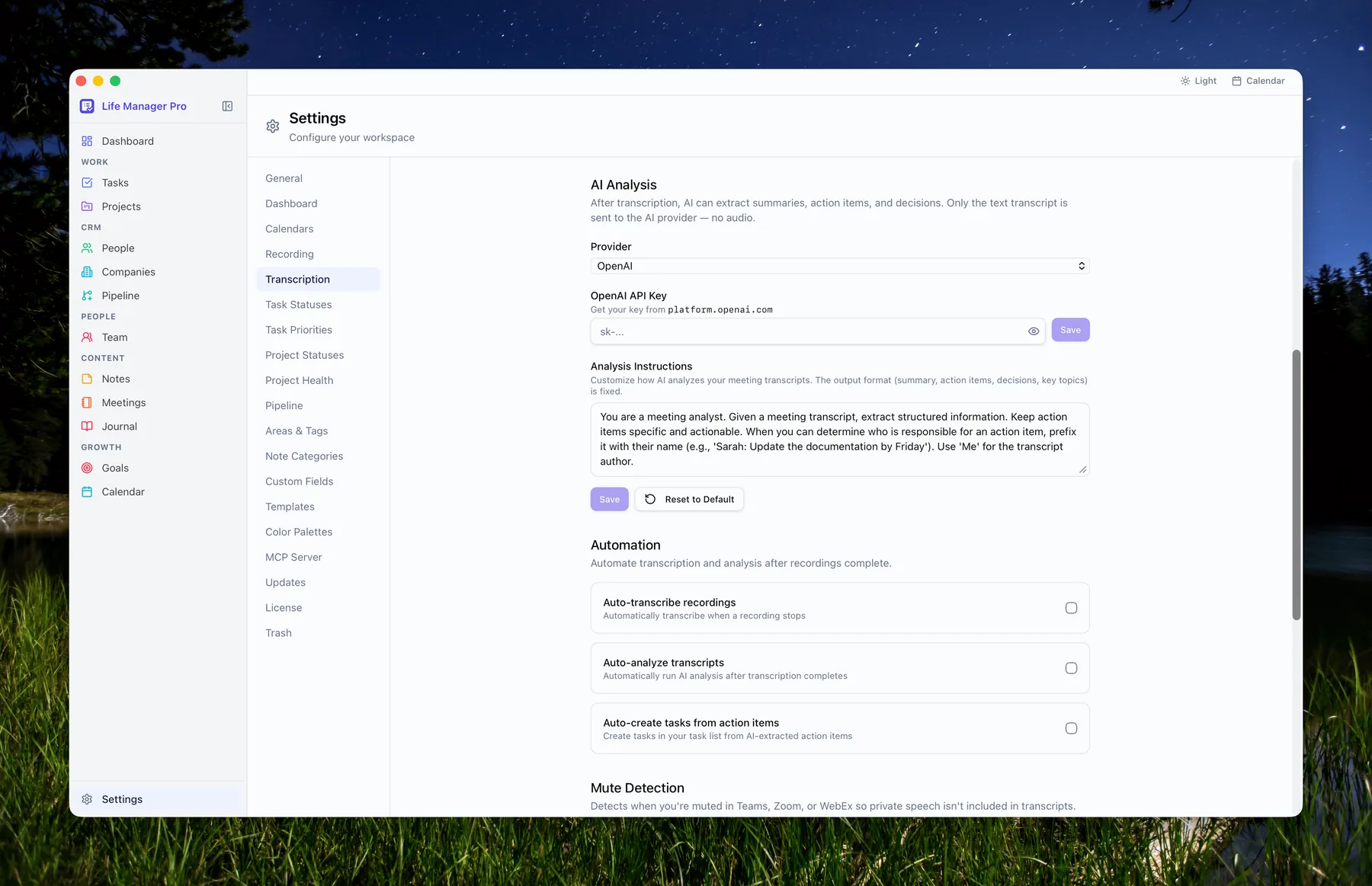 Settings — AI analysis and automation