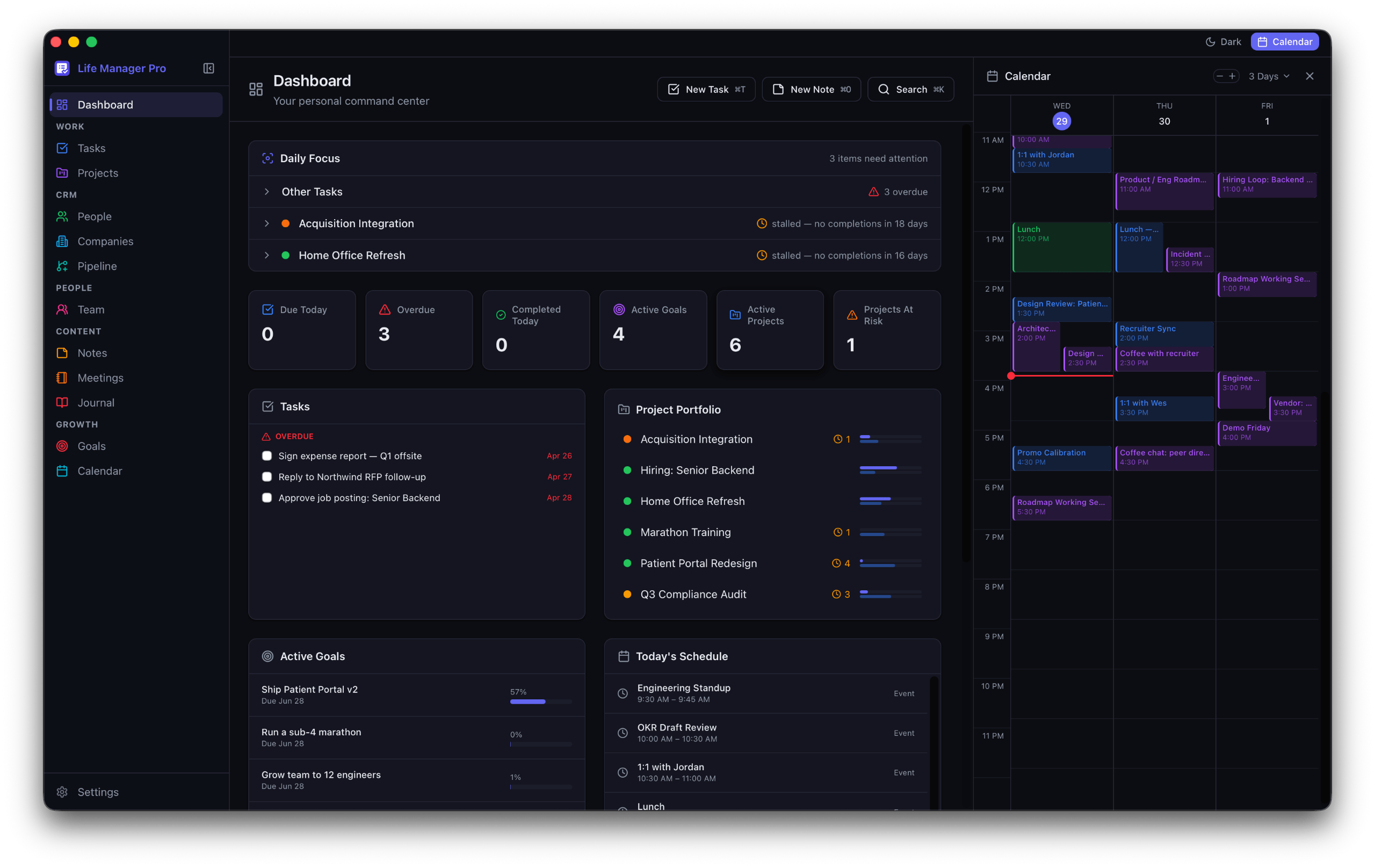 Life Manager Pro dashboard — dark mode