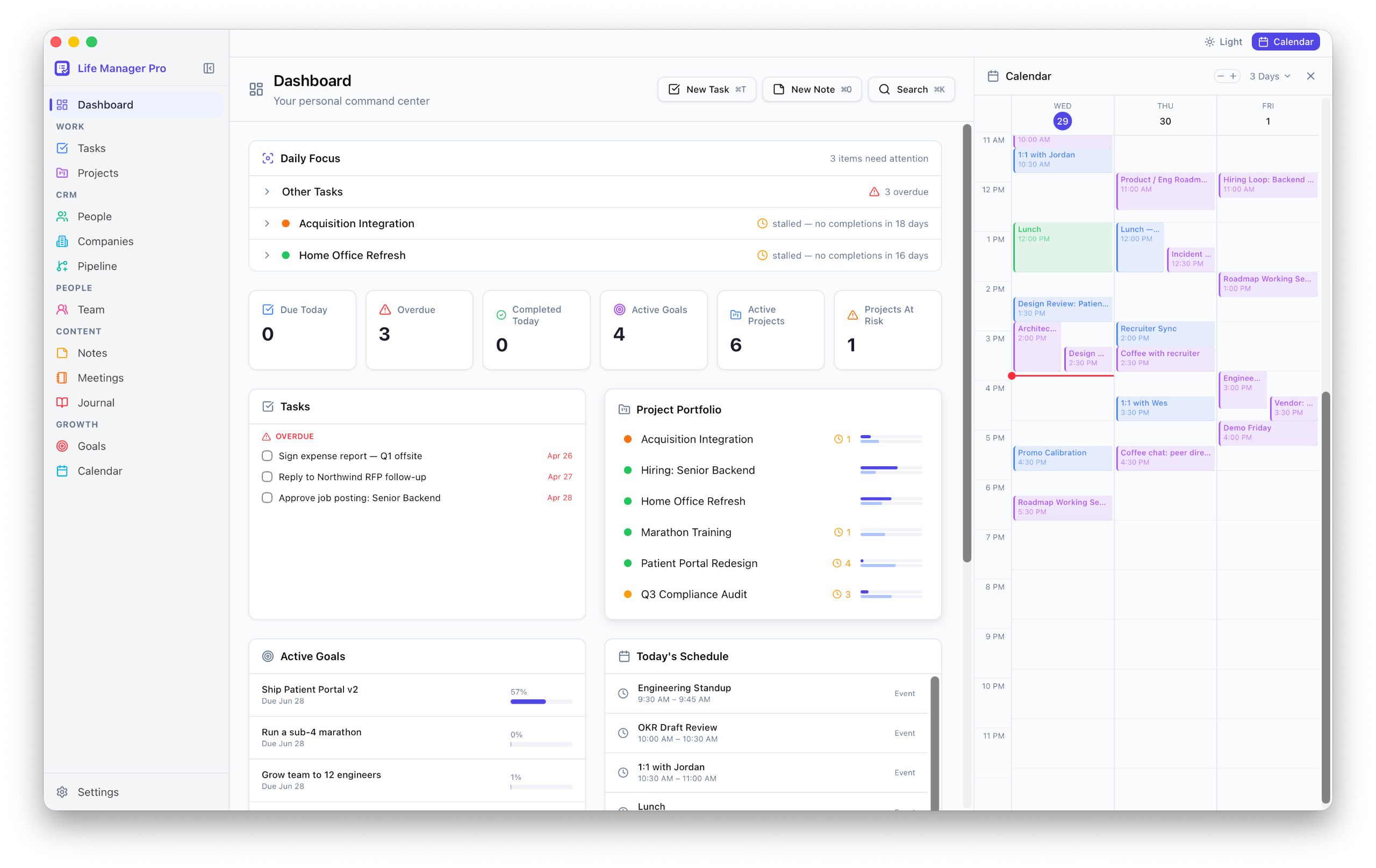 Life Manager Pro dashboard — light mode