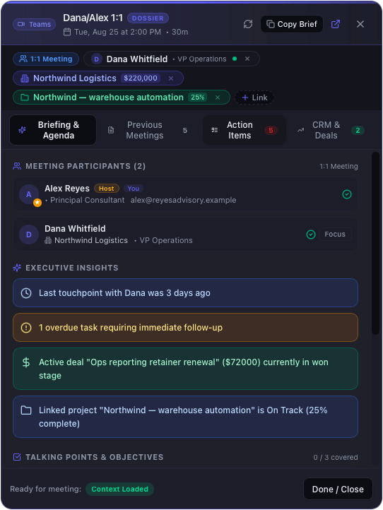 The pre-meeting dossier window, showing meeting attendees with their CRM company and role, an active deal, decisions from previous meetings, and open action items — dark mode.