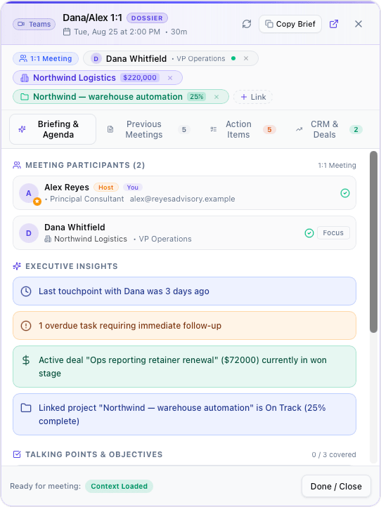 The pre-meeting dossier window, showing meeting attendees with their CRM company and role, an active deal, decisions from previous meetings, and open action items — light mode.