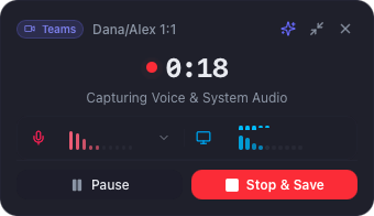The floating recorder while a call is being captured, showing elapsed time, separate animated waveform meters for the microphone and system audio, and pause and stop controls — dark mode.