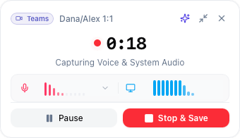 The floating recorder while a call is being captured, showing elapsed time, separate animated waveform meters for the microphone and system audio, and pause and stop controls — light mode.