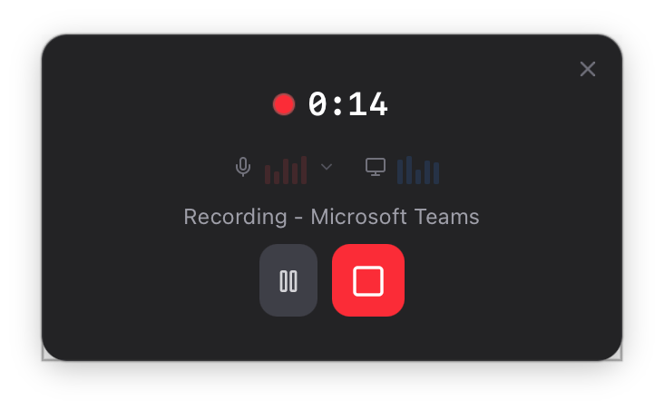 Floating recorder while a Microsoft Teams, Zoom, Webex or Google Meet call is being captured, showing elapsed time, mic and system-audio levels, and pause and stop controls.